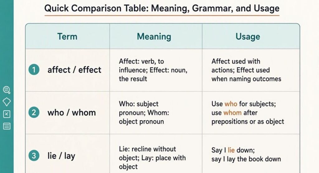 Quick Comparison Table: Meaning, Grammar, and Usage