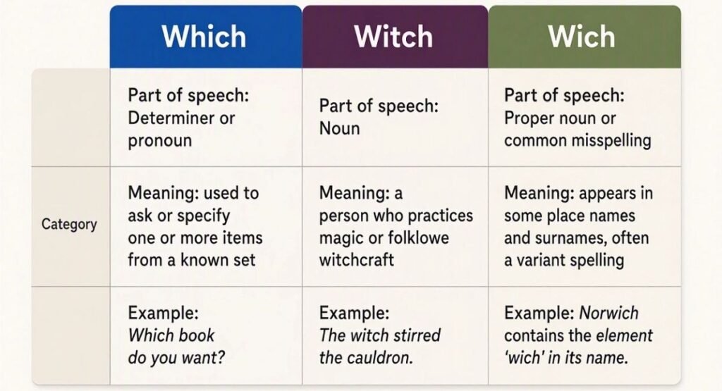 Quick Comparison Table: Which, Witch, and Wich
